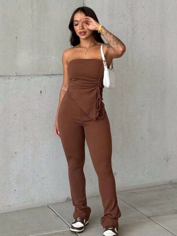 Conjunto, Maia Cropped Tomara que caia com bojo e calça cintura alta efeito modelador canelado grosso de alta elasticidade conjunto blogueira estilo moda gringa