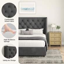 Modern Velvet Upholstered Bed Frame With Curved Wingback Design, Wooden Platform Bed Frame For Bedroom,No Box Spring Needed, Easy Assembly, Full Bed Frame/ Queen Bed Frame/ King Bed Frame/ Full Size Bed Frame/ Queen Size Bed Frame/ King Size Bed Frame,Pink/ White/ Grey - Xám - Xem 5