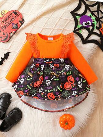 Halloween Pumpkin Print Long Sleeve Bodysuit