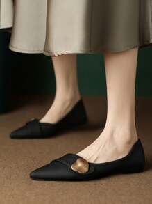 Women's Flat Shoes With Metal Buckle Decor, Pointed Toe Soft Bottom Loafers, Hidden Wedge, Versatile Soft Leather Slip-On Comfortable Shoes, New 2026 Collection - Black - View 4