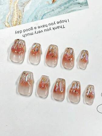 10Pcs Mini Trapezoidal Handmade Diy Elegant False Nails, Autumn & Winter Gradient Pink Aurora Jelly Gel Fake Nails Art, Reusable Chic Short Bride Nails Press On Nails Nail Supplies Nails