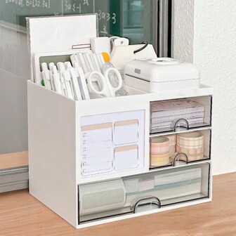 1 stuk Bureaublad opbergdoos met lades, organizer voor studentenbenodigdheden, pennenhouder met memohouder, bureau organizer voor school en thuis, display voor make-up, tafeldecoratie voor terug naar school, terug naar school, schoolbenodigdheden