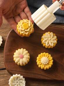 5 件/套花形月饼模具 50 克，中秋节 DIY 手压饼干印章糕点工具月饼制作器，烘焙用饼干切刀，包括 1 个模具 4 个印章 - 白色 - 查看 6