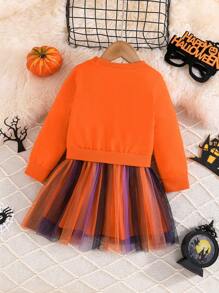Vestido de festa de Halloween para meninas, abóbora e unicórnio, estampa de manga comprida, malha com babados, lindo vestido para festa de fim de ano