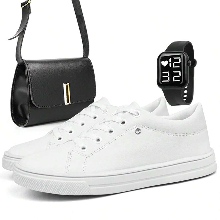 Women's Stylish Modern Sneakers Fashion Casual Soft White Sneakers With Watch And Party Bag - trắng - Xem 1
