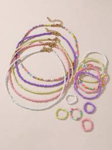 15pcs/Set Colorful Mixed Bead Necklace Bracelet Ring Jewelry Set For Girls - Multicolor - View 10