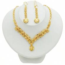 1 set 2 piezas pendientes + 1 pieza collar, chapado en oro de 18K de cobre, regalo de boda elegante de Dubai para damas