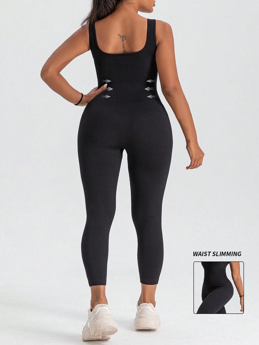 Yefecy Plus Size Solid Color Seamless Yoga Jumpsuit, High Elasticity Running Fitness Sports Wear - Black - View 1