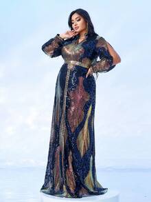 seomiscky Plus Size Women's Long Sleeve Sequin Design Evening Gown - Black - View 4