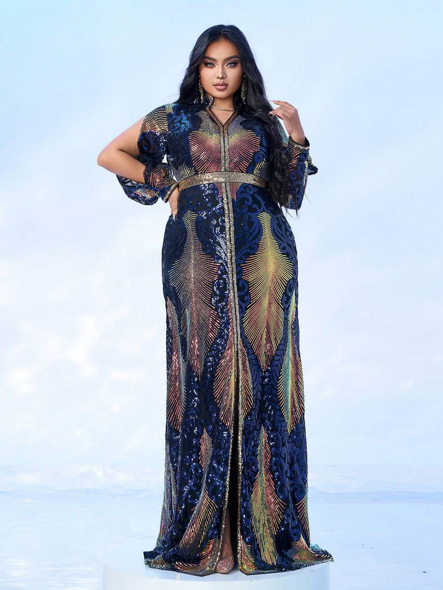 seomiscky Plus Size Women's Long Sleeve Sequin Design Evening Gown - Black - View 1