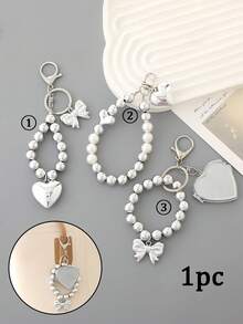 1 件镀银爱心蝴蝶结吊坠、时尚百搭珍珠链挂钩、行李钥匙扣、珠饰、甜美心形手机吊饰，配串珠相机带、链条设计手机挂绳、小镜子、蝴蝶结手机挂绳手腕串珠链、实心圆珠吊坠短款便携式吊坠手机壳通用、包包装饰、钥匙扣 - 銀色 - 查看 1