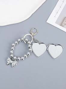 1 件镀银爱心蝴蝶结吊坠、时尚百搭珍珠链挂钩、行李钥匙扣、珠饰、甜美心形手机吊饰，配串珠相机带、链条设计手机挂绳、小镜子、蝴蝶结手机挂绳手腕串珠链、实心圆珠吊坠短款便携式吊坠手机壳通用、包包装饰、钥匙扣 - 銀色 - 查看 4