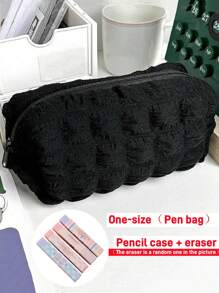 SHEIN X Jess 1入組奶油泡沫布筆袋,簡約筆袋,適用於學生,文具,化妝品收納袋 - 黑色 - 查看 2
