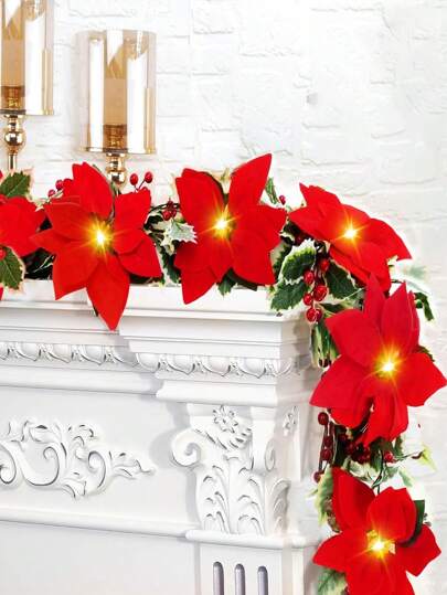 1 件 2M 20LED 人造圣诞花环，室内圣诞装饰，用于壁炉架、楼梯、门，配有红色浆果和冬青叶，圣诞氛围装饰，圣诞节