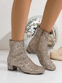 Botas de caña media con decoración de lentejuelas de moda para mujer de talla grande, puntera redonda, tacón grueso, cómodas botas cortas adecuadas para bailes, fiestas, bodas, zapatos nuevos de otoño e invierno