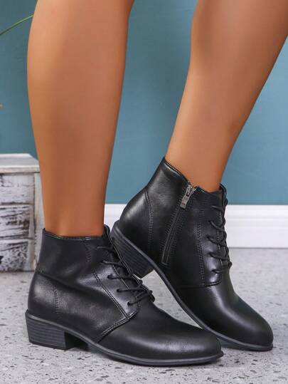 Women's Pointed Toe Chunky Heel Lace-Up & Side Zip Casual Ankle Boots