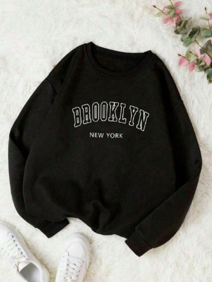 Women's Streetwear Brooklyn Sweatshirt Premium Cold Weather Top Cotton Coat - màu đen - Xem 1