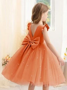 小女孩橙色短袖蝴蝶结薄纱派对礼服，优雅公主裙，适合女孩生日派对、婚礼、舞会、节日庆典、花童等场合 - 橘色 - 查看 9