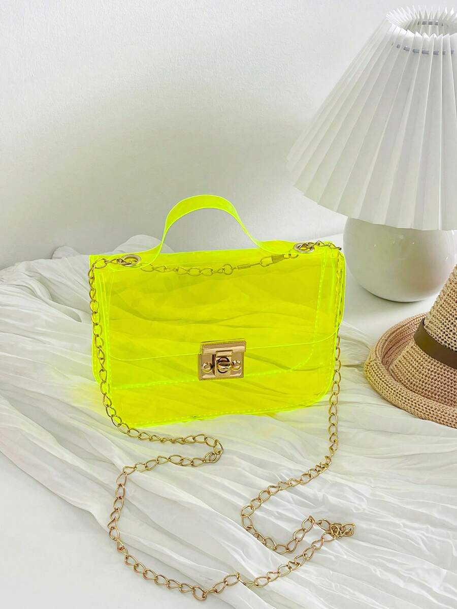 1 szt. Damska Mini Fluorescencyjna Przezroczysta Torebka Z PVC Łańcuch Na Ramię Casualowa Ładna Etui na Telefon Na Wakacje - fluorescencyjny żółty - Zobacz 1
