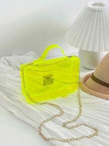 1 szt. Damska Mini Fluorescencyjna Przezroczysta Torebka Z PVC Łańcuch Na Ramię Casualowa Ładna Etui na Telefon Na Wakacje - fluorescencyjny żółty - Zobacz 3