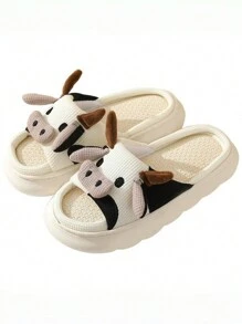 Pantuflas antideslizantes para el hogar de lino con estampado de vaca de dibujos animados