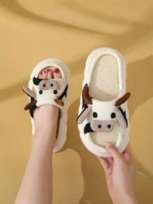 Pantuflas antideslizantes para el hogar de lino con estampado de vaca de dibujos animados