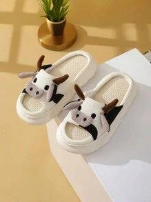 Pantuflas antideslizantes para el hogar de lino con estampado de vaca de dibujos animados