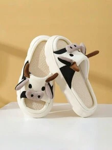 Pantuflas antideslizantes para el hogar de lino con estampado de vaca de dibujos animados