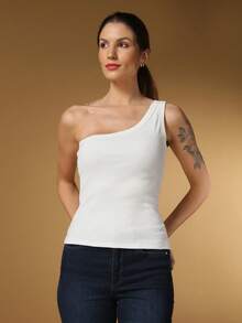 Women's Cropped Top With Asymmetrical Wide Straps, One Shoulder, Versatile For Summer - 白色 - 查看 4
