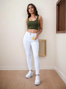 Pantalón De Mezclilla Mujer Ajustado Stretch De Talle Alto - Blanco - Ver 5