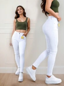Pantalón De Mezclilla Mujer Ajustado Stretch De Talle Alto - Blanco - Ver 2