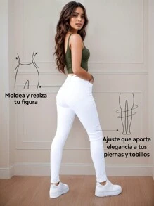 Pantalón De Mezclilla Mujer Ajustado Stretch De Talle Alto - Blanco - Ver 4