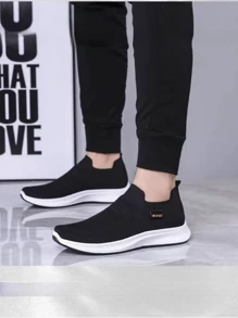Men's Slip-On Knit Fabric Sport Shoes, Breathable Lightweight Casual Running Sneakers, Soft Sole Slip-On Driving Loafers