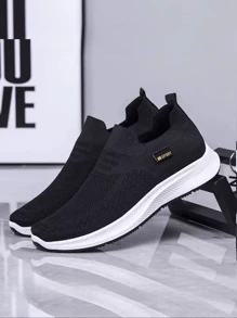 Men's Slip-On Knit Fabric Sport Shoes, Breathable Lightweight Casual Running Sneakers, Soft Sole Slip-On Driving Loafers