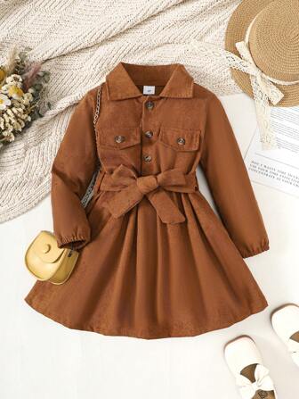 Girls' Solid Color Single-Breasted Half-Cardigan Collar Shirt Dress, Fashion Formal Dress Suitable For Spring, Summer, Autumn, Winter