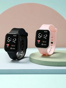 2pcs Black & Pink PVC Strap Sports Square Dial Numeric Watches, For Daily Wear - Multicolor - View 3