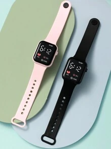 2pcs Black & Pink PVC Strap Sports Square Dial Numeric Watches, For Daily Wear - Multicolor - View 2