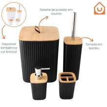 Complete Bamboo Bathroom Set Trash Can Brush Dispenser Soap Dish Toothbrush Holder Cup - 黑色-方形4件 - 查看 2