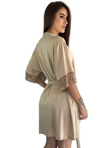 Charme Dela's Luxury Lace Robe With Polyamide Kimono Tie - Beige - View 3