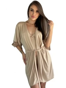 Charme Dela's Luxury Lace Robe With Polyamide Kimono Tie - Beige - View 1