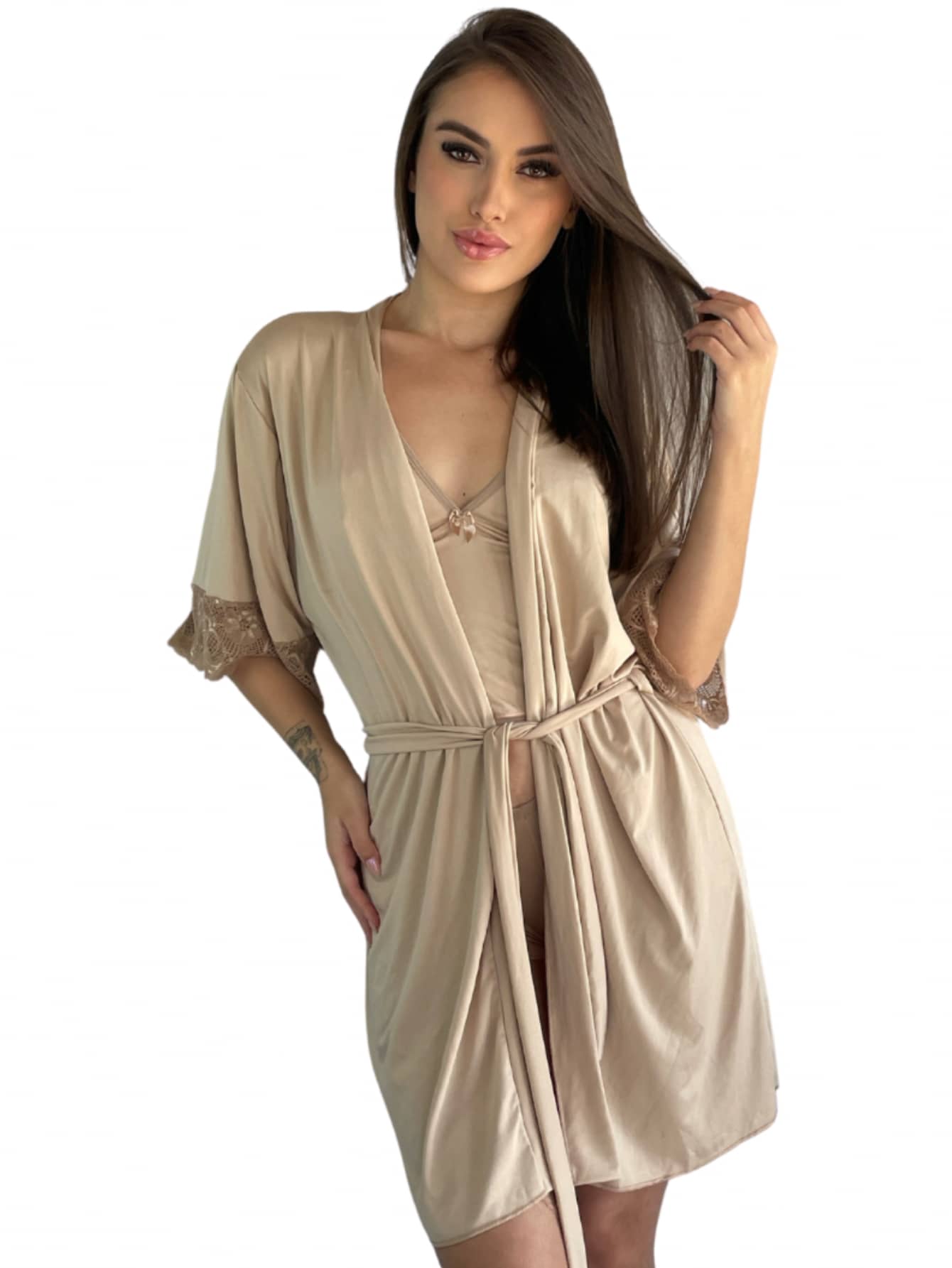Charme Dela's Luxury Lace Robe With Polyamide Kimono Tie - Beige - View 1
