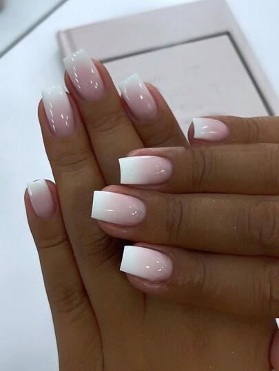 24Pcs Short Square Minimalism Gradient Pink & White Wearable Fake Nail Patch Sticker Set For Daily, Casual, Afternoon Tea & Outdoor Wear Press On Nails Nail Supplies Nails