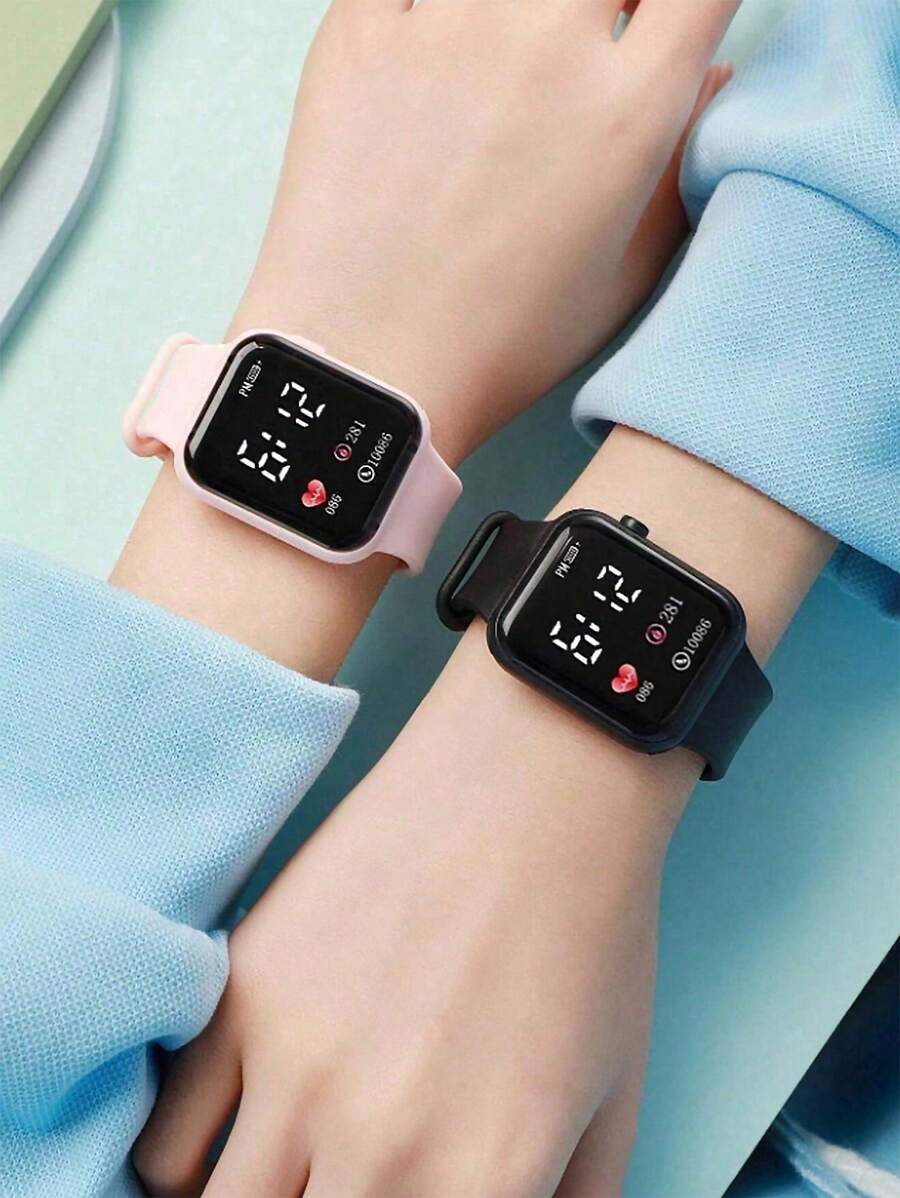 2pcs Black & Pink PVC Strap Sports Square Dial Numeric Watches, For Daily Wear - Multicolor - View 1