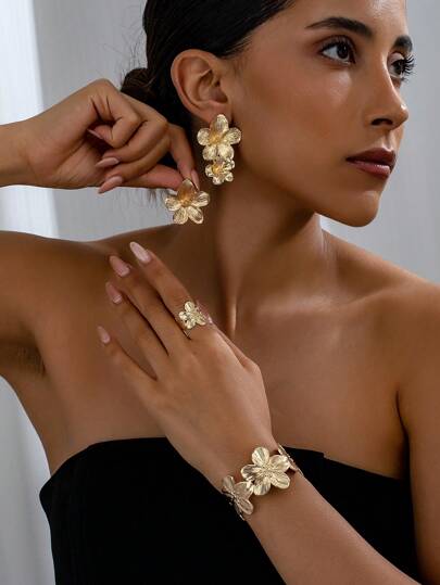 1件/1对/1套 欧美风2025新款时尚合金花朵耳环戒指手链首饰套装，夸张设计，优雅别致，适合女性参加派对、日常佩戴、节日礼物、情人节配饰