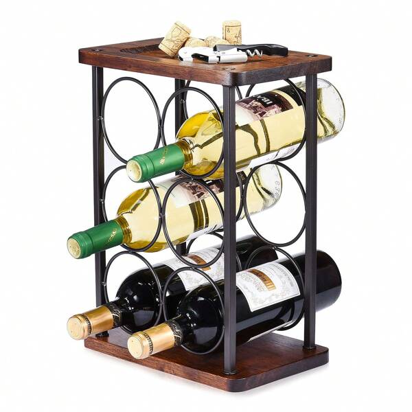 Estantería para vino, estantería de mostrador para vino, soporte para botellas de vino, estantería rústica de madera para mostrador de 6 botellas, perfecta para la decoración del hogar y el almacenamiento en la cocina, bar, bodega, armario, despensa, etc. (Negro)