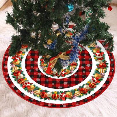 1pc Christmas Tree Skirt, Berry Balls Design, For Christmas Tree Table Decor