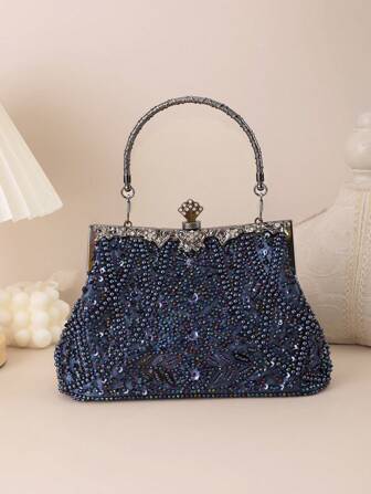 1 Pc Gorgeous, Elegant, Exquisite, Quiet And Luxurious Navy Blue Hand-Held Dinner Bag, A Must-Have For Proms, Weddings, Parties Dinners, Music Festivals, And Holiday Travel. Mom's  Gift.For Bride,For Bride,For Lady,For Lady.