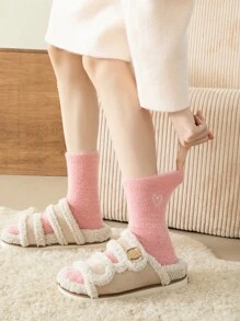 5 双女士粉色心形图案仿貂绒厚款可爱刺绣毛绒袜子 - 彩色 - 查看 4