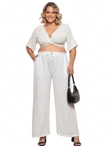 Kit 3 Plus Size Women's Wide Leg Pants From Duna - Black White Beige - View 3