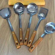 Juego de utensilios de cocina de acero inoxidable con mango de grano de madera simple para el hogar, incluye espátula, cacerola, paleta, colador, almohadilla resistente al calor, cocina, regalo de Navidad - Multicolor - Ver 16
